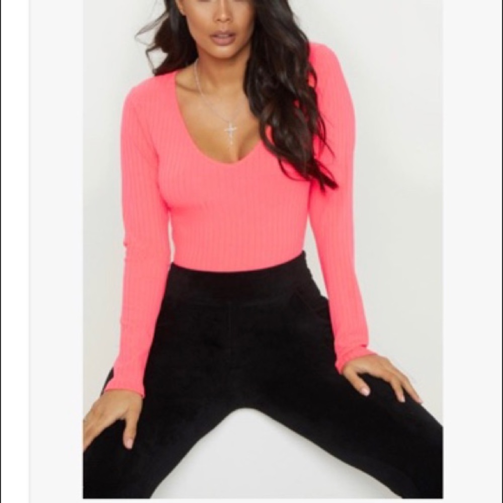 Neon Pink Rib Plunge Long Sleeve Bodysuit
